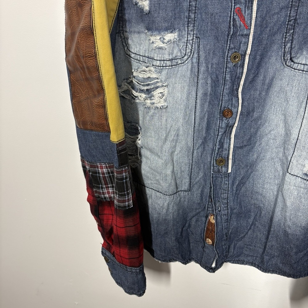 Heritage America Men 2XL Denim Jacket Grunge Flannel Patch Distressed Streetwear - Picture 5 of 15